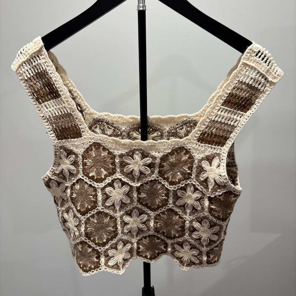 Rebellion Handcrocheted Floral Crop Top in Cream & Brown - Picture 5 of 5